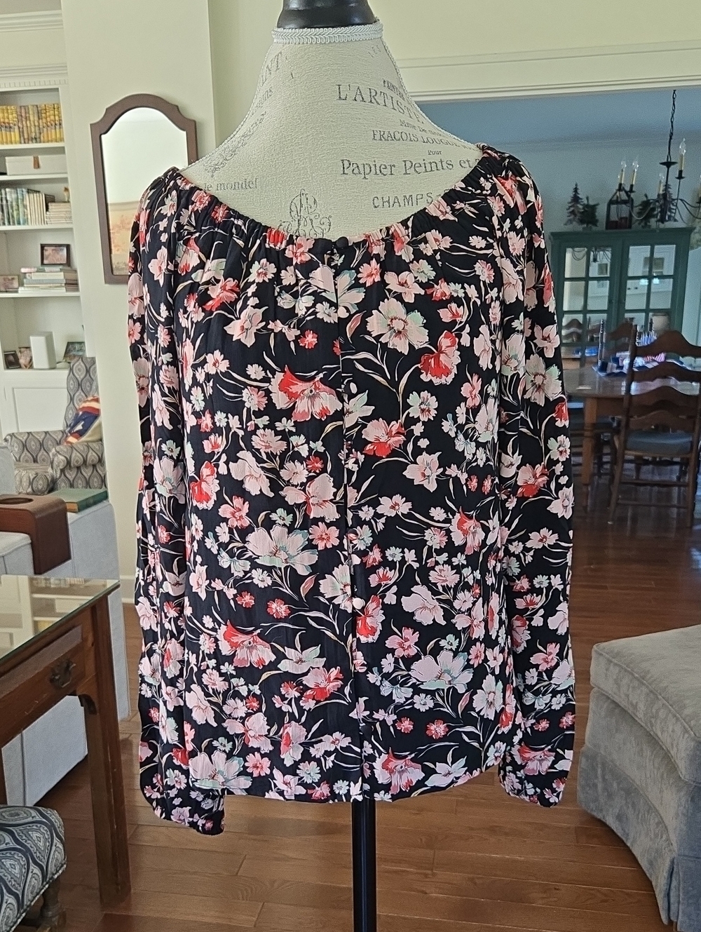 Sanctuary Black Floral Off-the-Shoulder Blouse with Pink and Red Blooms
